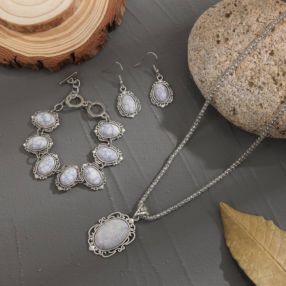 White Marbled Stone Necklace, Bracelet, and Earrings Set - Picture 2 of 6